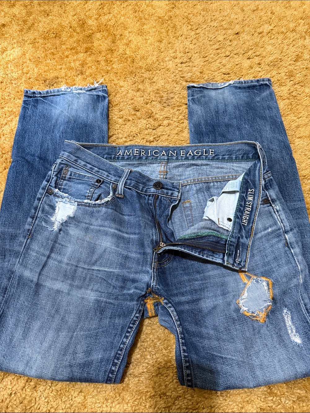 American Eagle Outfitters Medium Blue Distressed Straight Leg Jeans